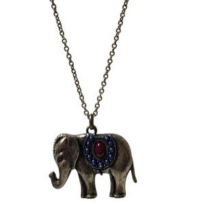 Antique Gold Elephant Pendant Necklace Red Blue Gemstone Accents Fashion Jewelry